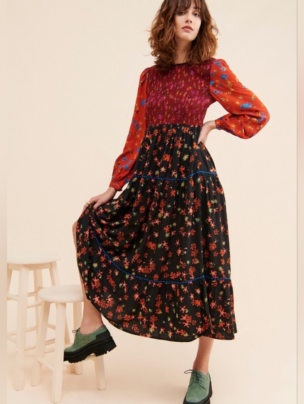 NWT BL^NK London x Anthropologie SVENSON Smocked Multi Print Maxi Dress XS